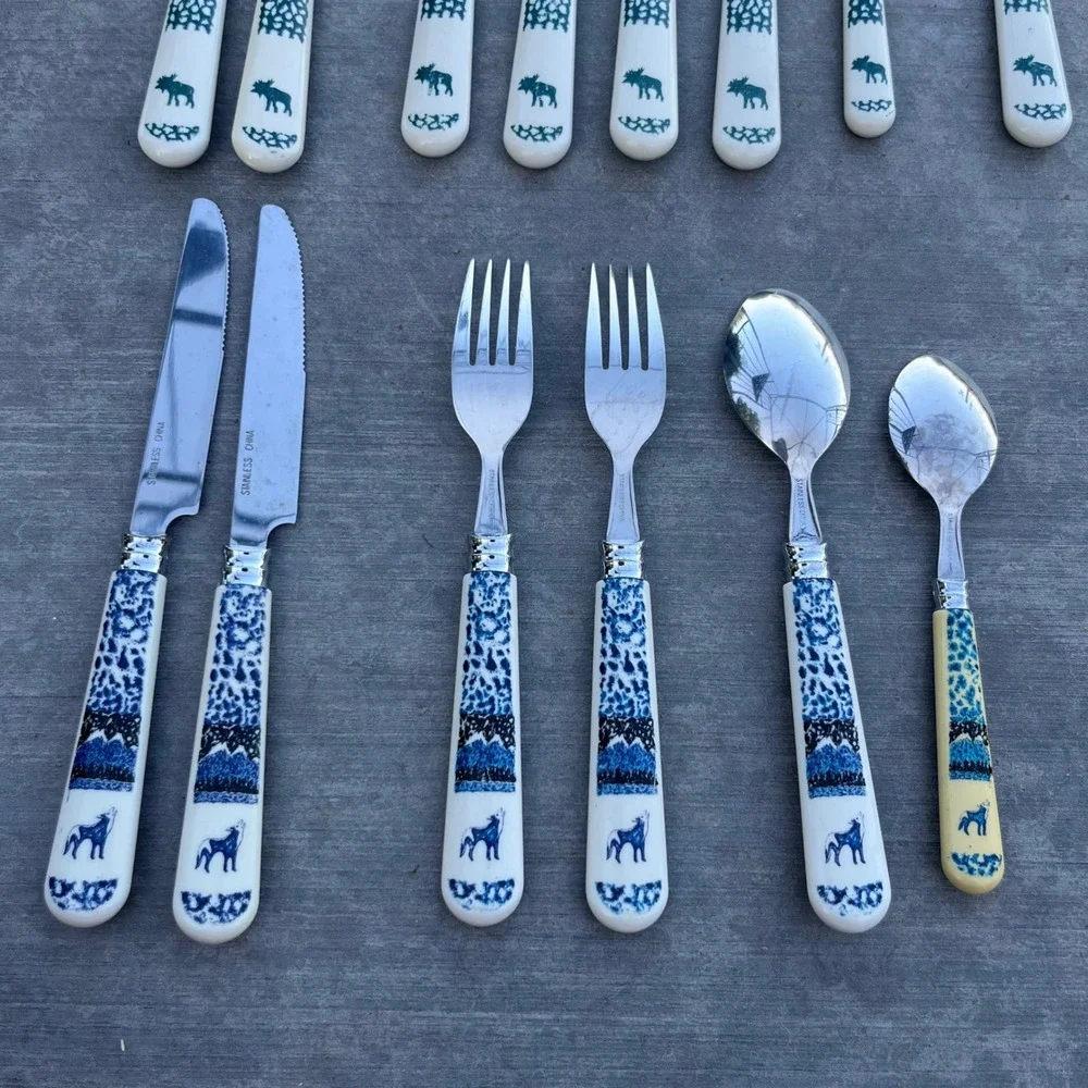 Tienshan Mixed Wildlife Flatware Lot Stainless Steel Wolf Moose Cabin Lodge 14pc